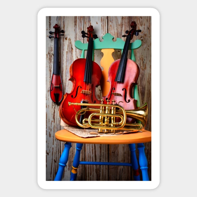 Violins And Trumpet On Chair Sticker by photogarry